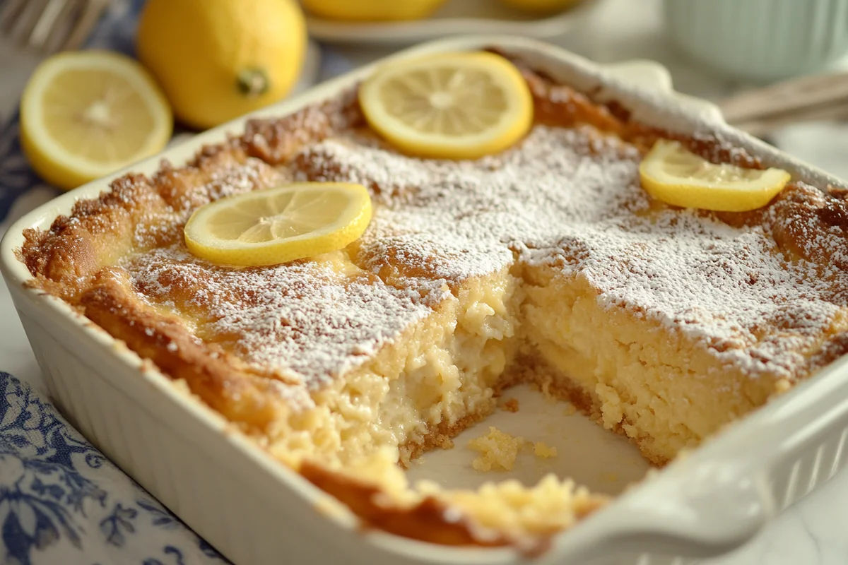 Lemon cream cheese dump cake served on a plate.