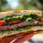Juicy chimichurri steak sandwich ready to eat.
