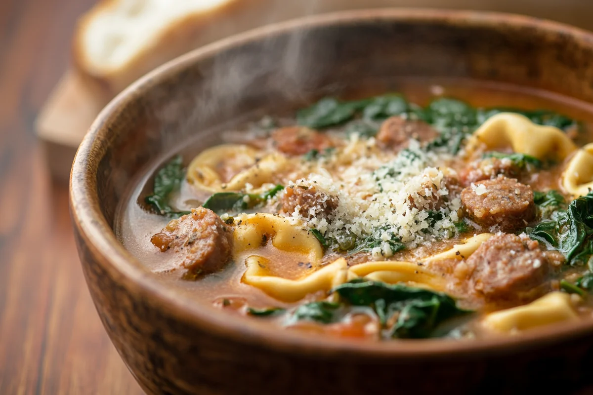 Sausage spinach tortellini soup recipe served in a rustic bowl.
