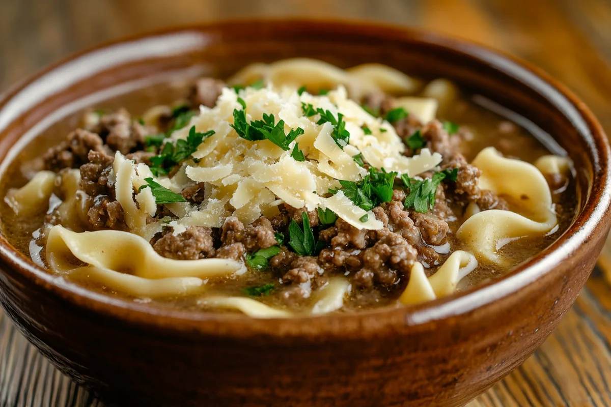 Hearty ground beef noodle recipe on a plate.