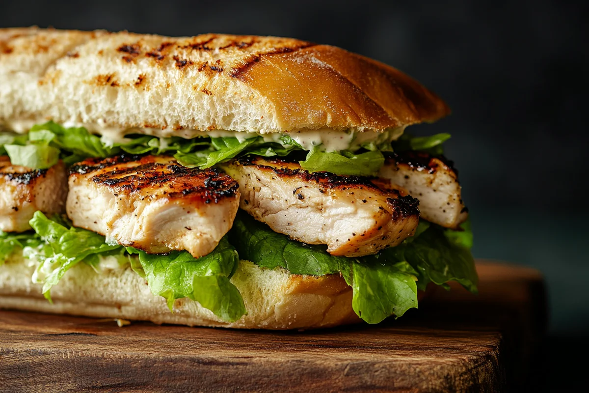 A delicious chicken caesar sandwich ready to eat.