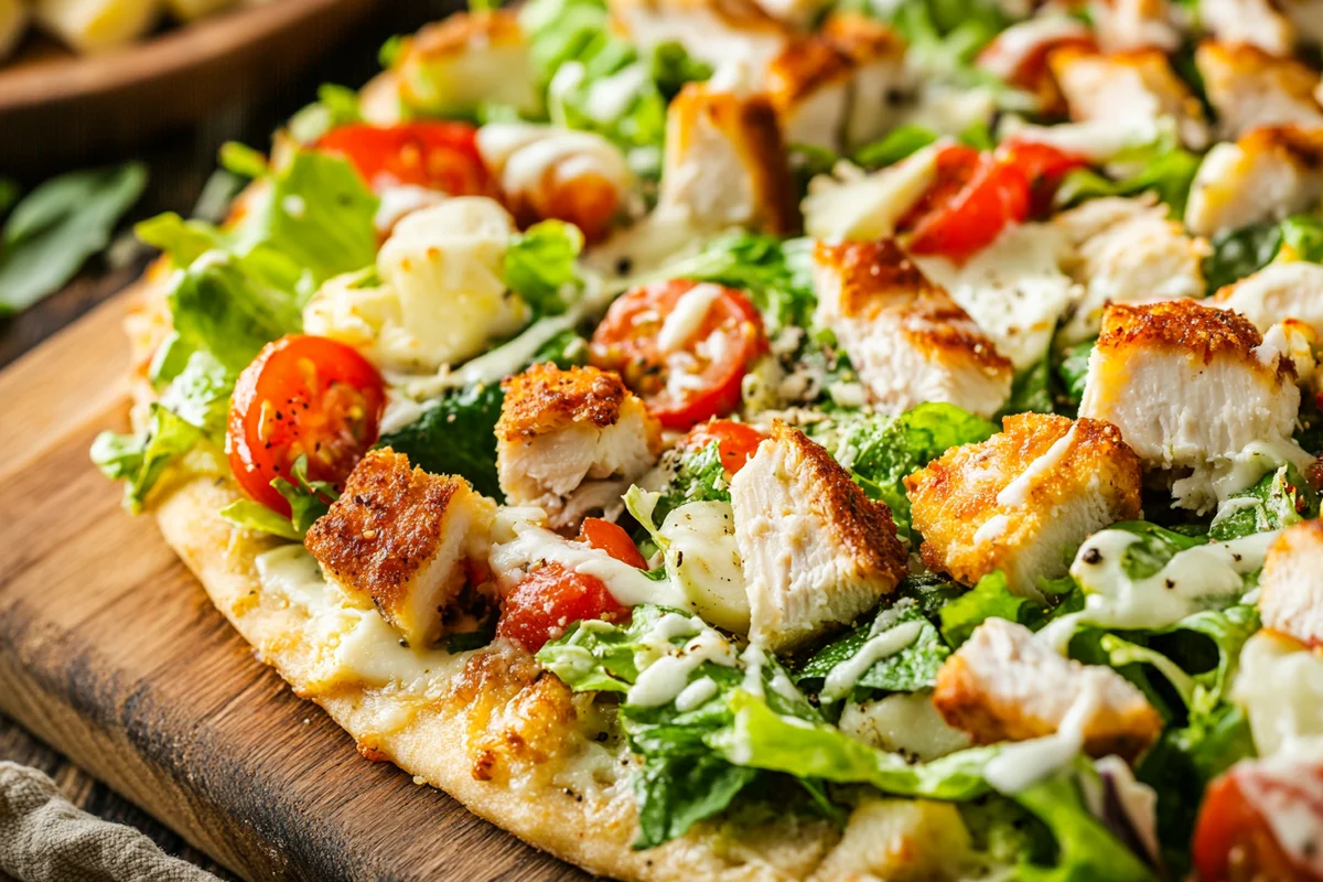 Simple chicken crust caesar salad pizza close-up showing toppings.