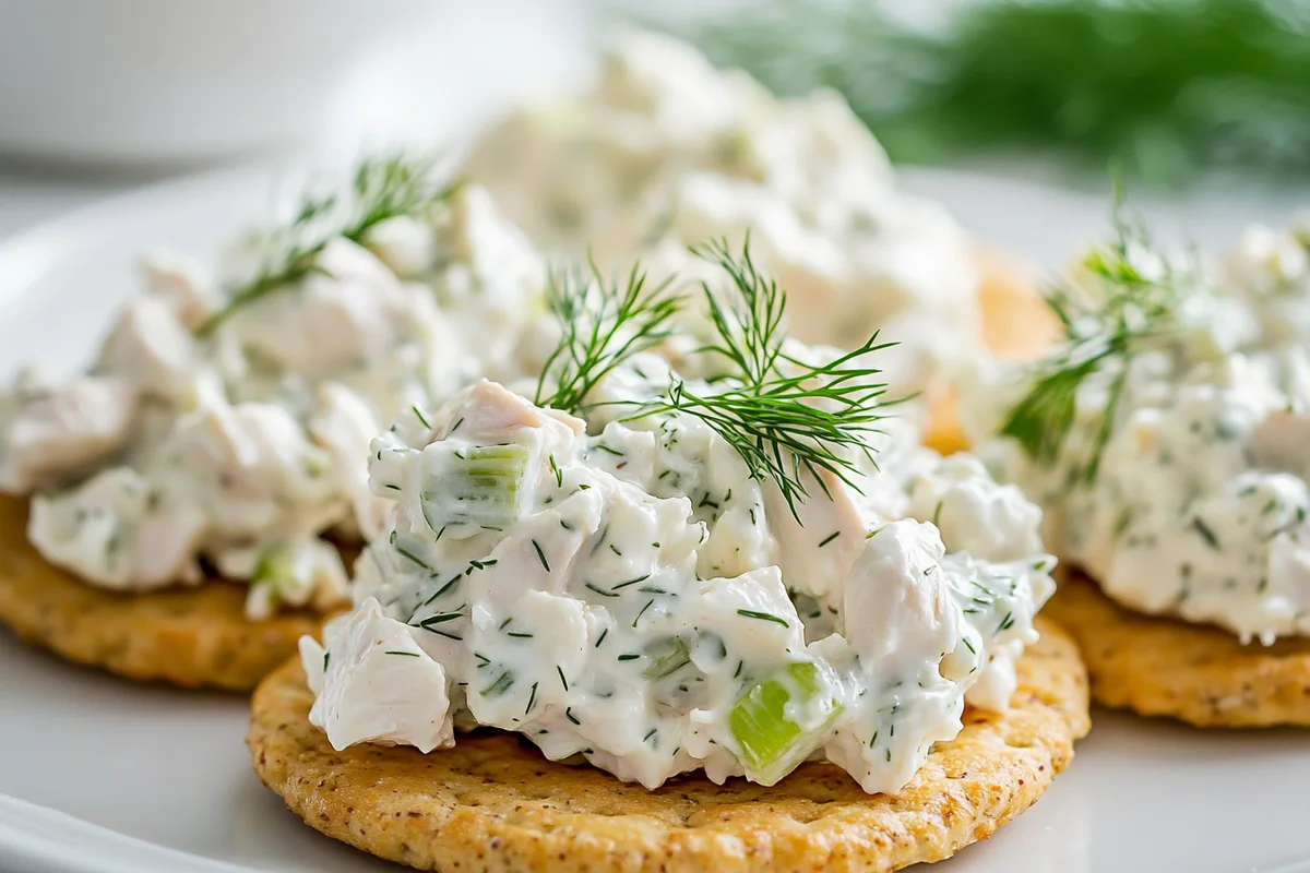 Cottage cheese chicken salad on whole grain crackers.