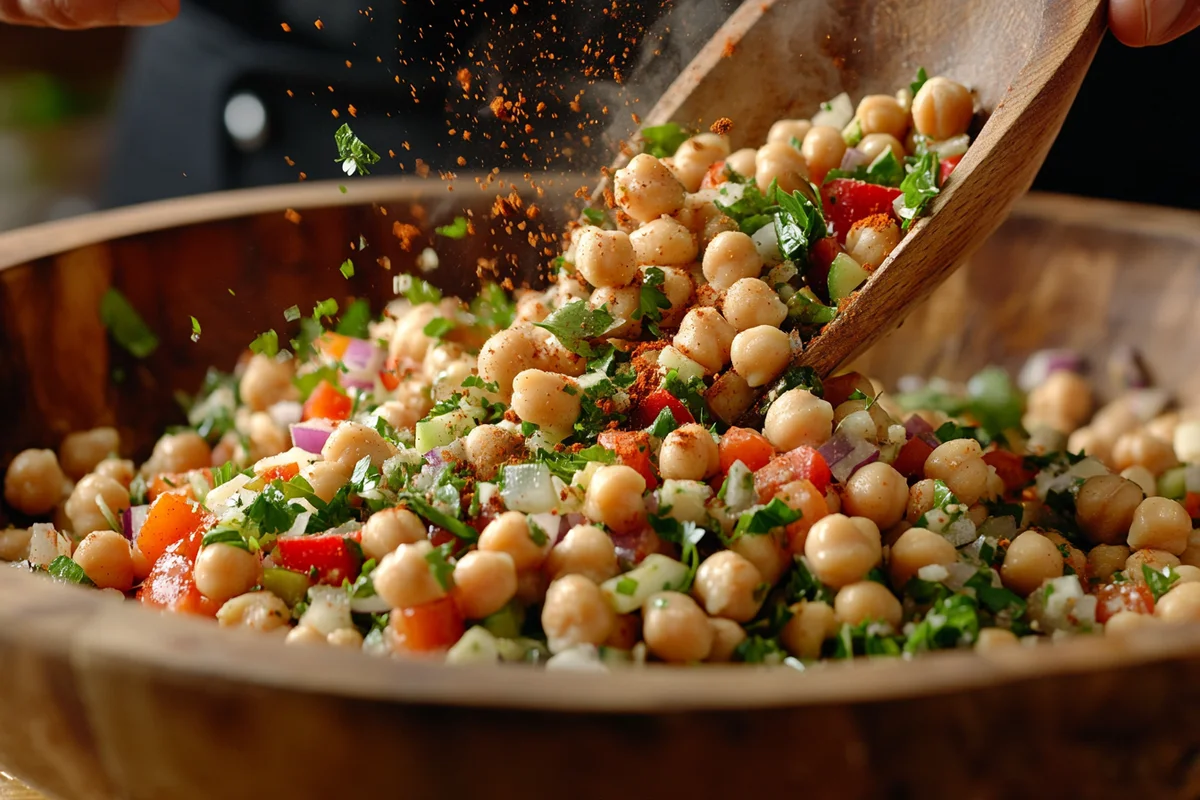 A vibrant spiced chickpea salad recipe, ready to be enjoyed as a meal or side.