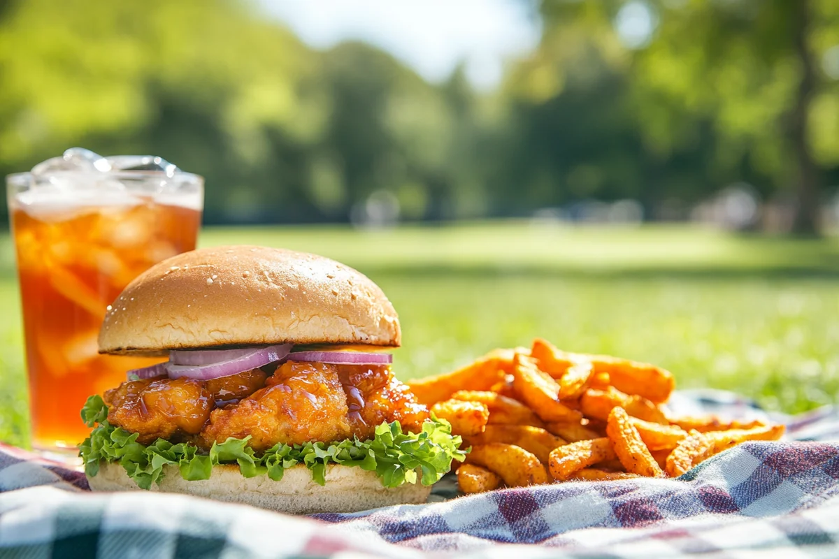 Mouthwatering hot honey chicken sandwich ready to eat.