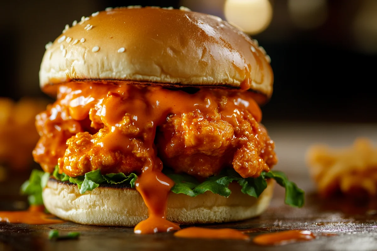 Spicy buffalo chicken sandwich near me with dripping sauce and blue cheese crumbles.