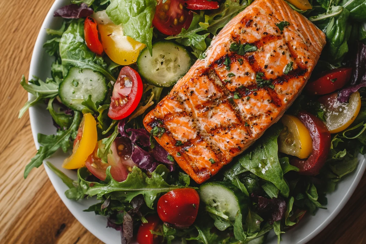 Grilled salmon salad featuring fresh ingredients.