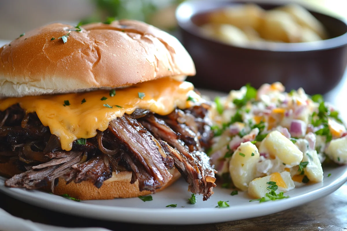 Delicious beef brisket sandwich on a toasted brioche bun.