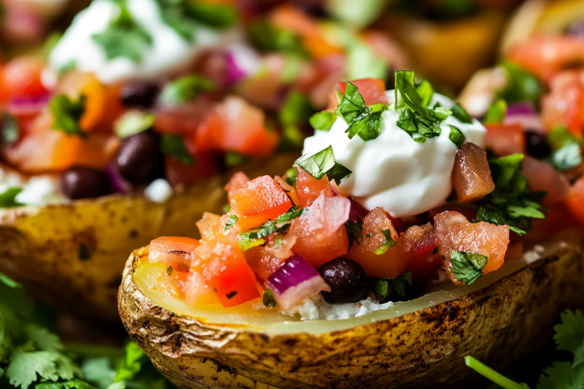 Cottage cheese potato skins filled with herbs.
