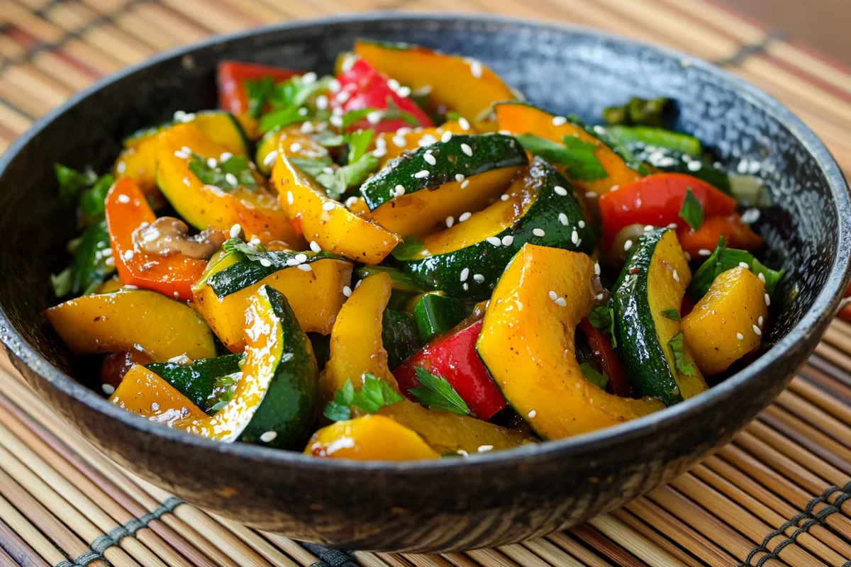 What to make with green pumpkin asian recipes: Green pumpkin stir-fry with colorful vegetables and tofu.