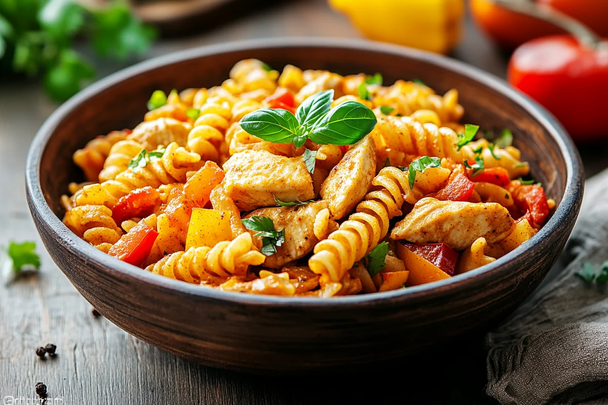 Creamy chicken fajita pasta with colorful bell peppers.