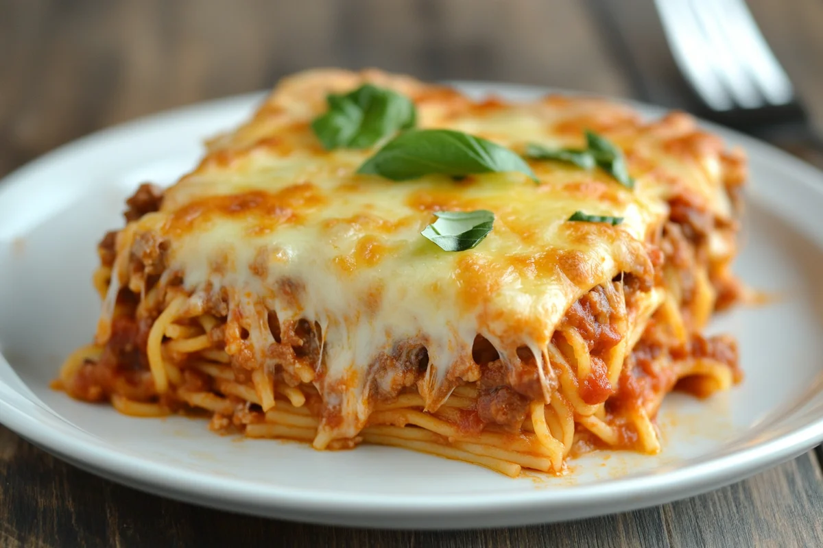 Classic Baked Spaghetti with melted cheese.