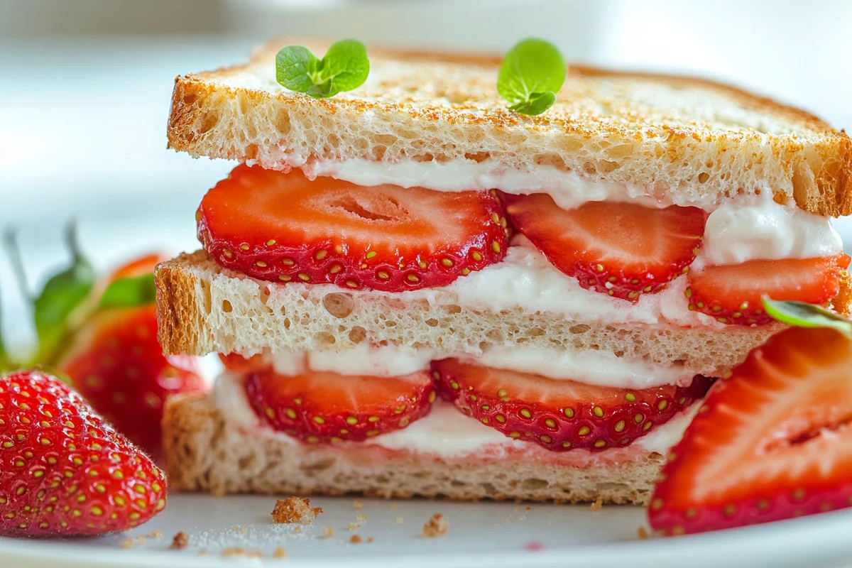 A colorful strawberry sandwich on brioche bread.