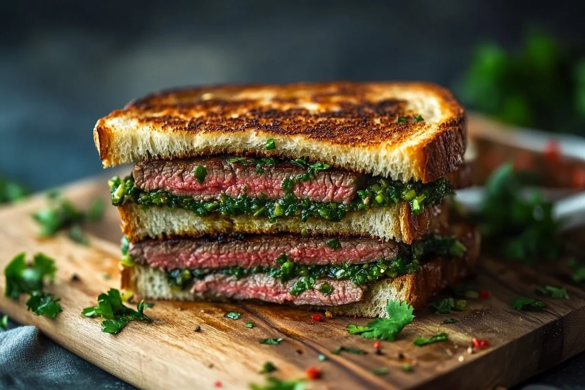 Juicy chimichurri steak sandwich ready to eat.