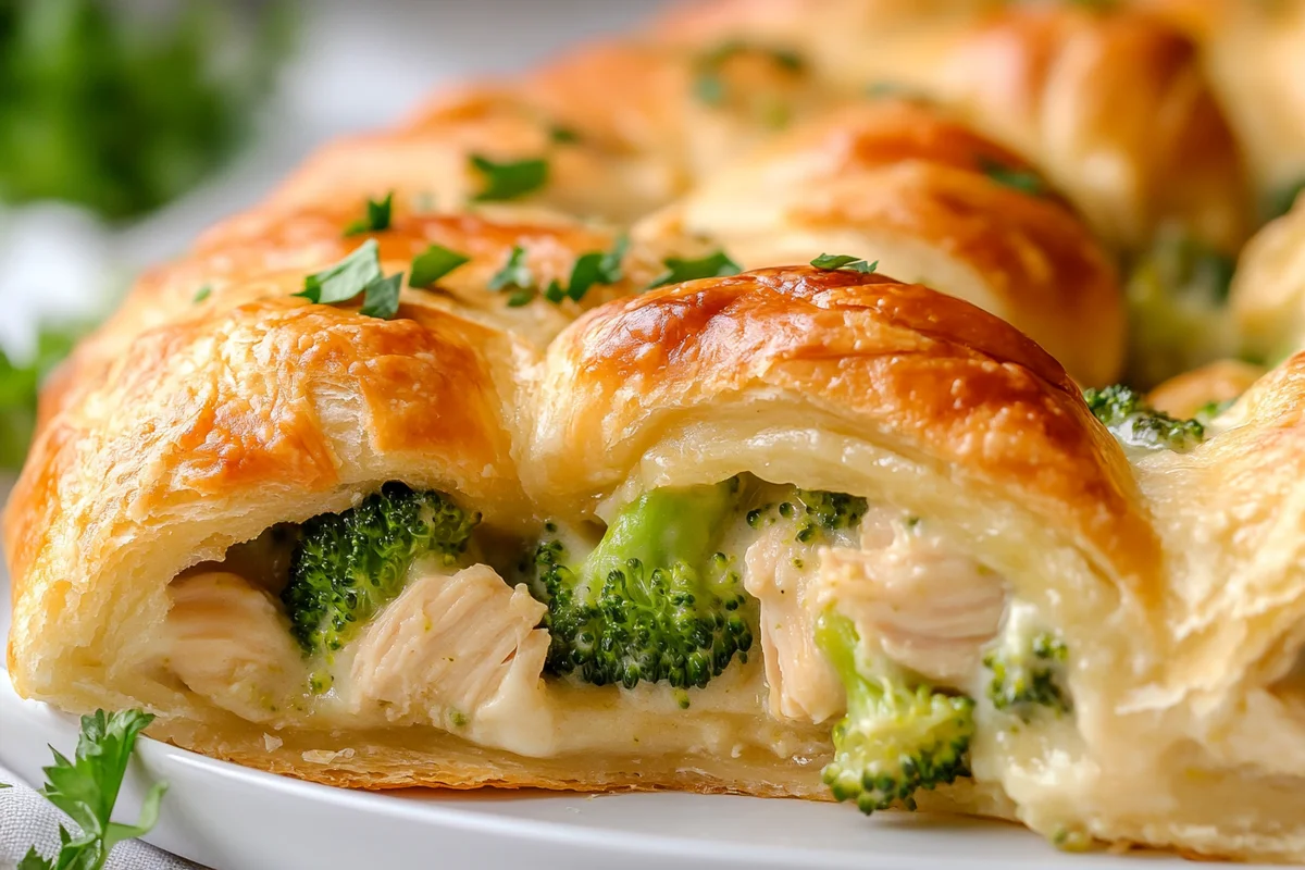 Tasty chicken broccoli casserole, fresh from the oven with a golden topping.