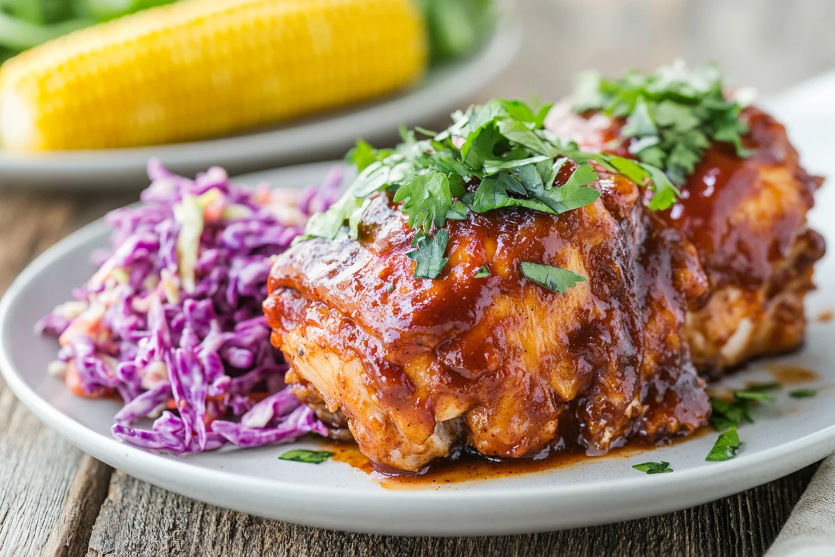 Juicy crockpot barbecue chicken thighs ready to serve.