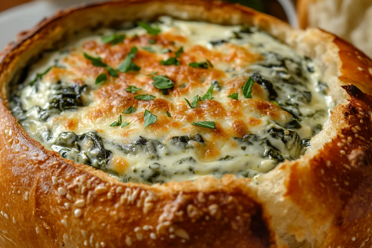 Creamy spinach dip in bread bowl on a wooden table.