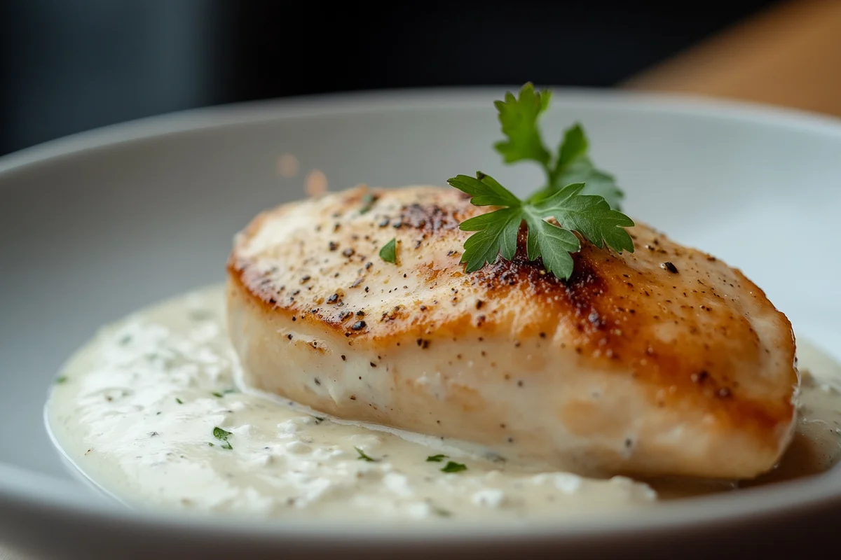 Cottage cheese chicken recipe served on a plate.