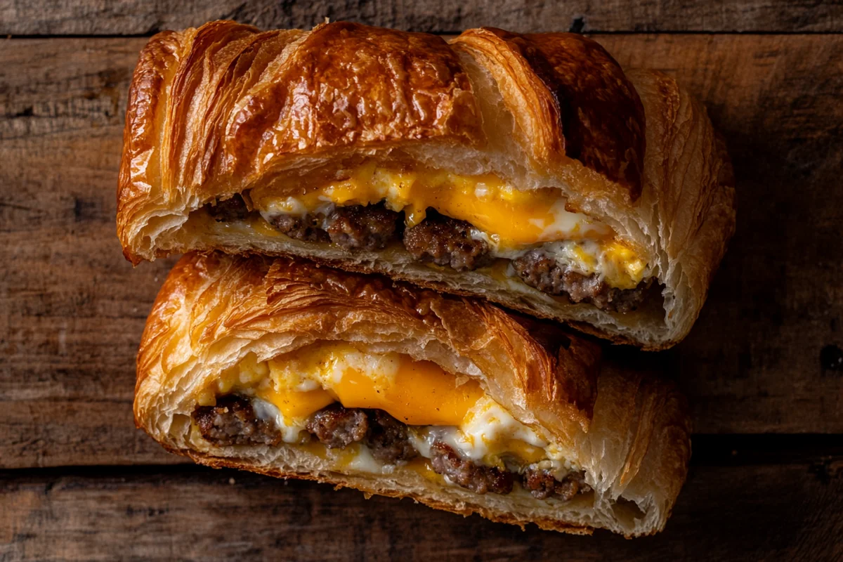 A delicious sausage egg and cheese croissant on a plate.