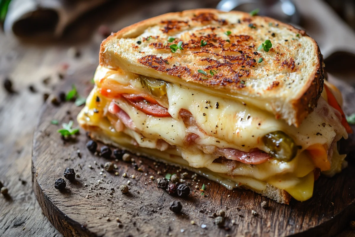A gooey raclette sandwich with melted cheese.