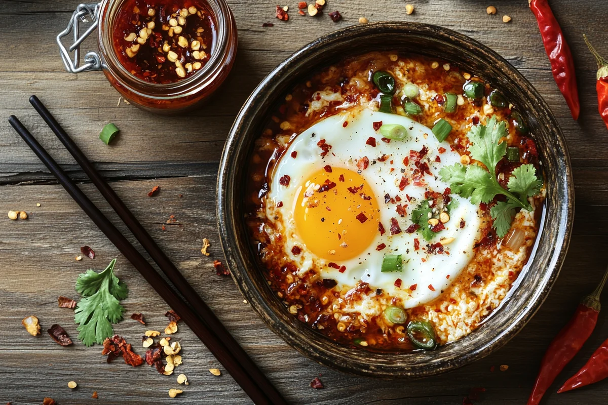 Spicy egg chili garlic served on a plate