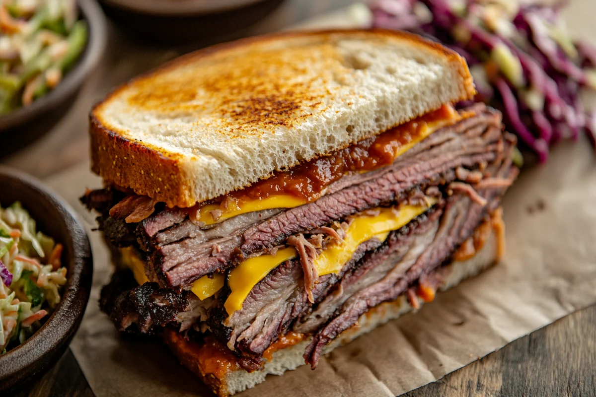 Delicious brisket sandwich recipe close-up.