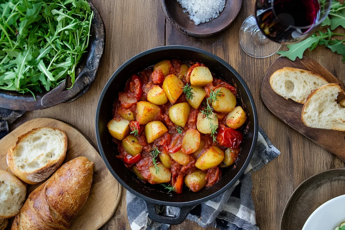 Bowl of italian potato tomato recipe with basil.