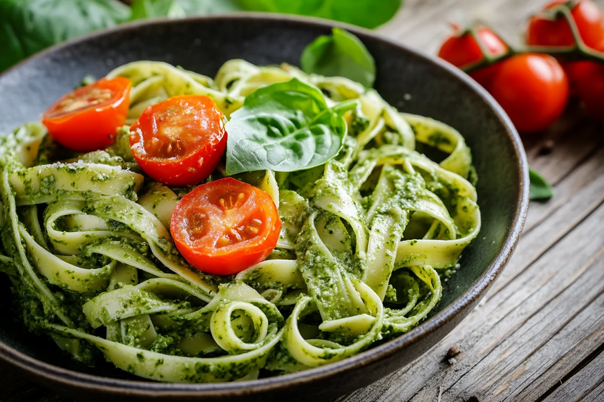 Spinach fettuccine in a tomato sauce.