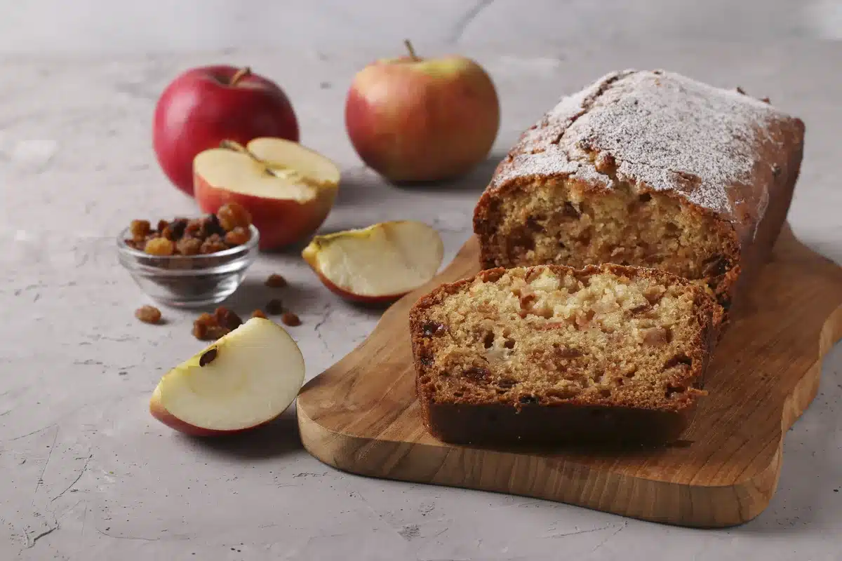 Sliced loaf of homemade apple banana bread.