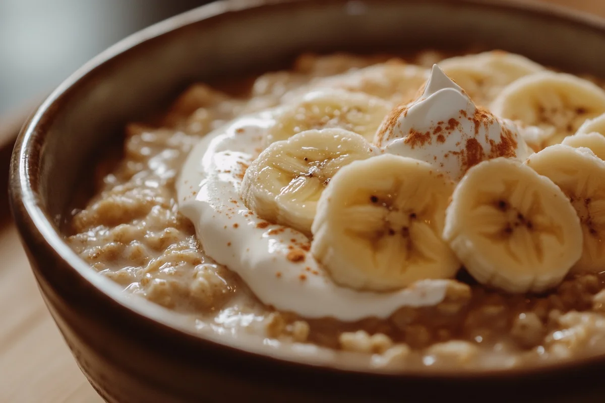 Bananas and cream oatmeal with sliced bananas and a drizzle of cream.