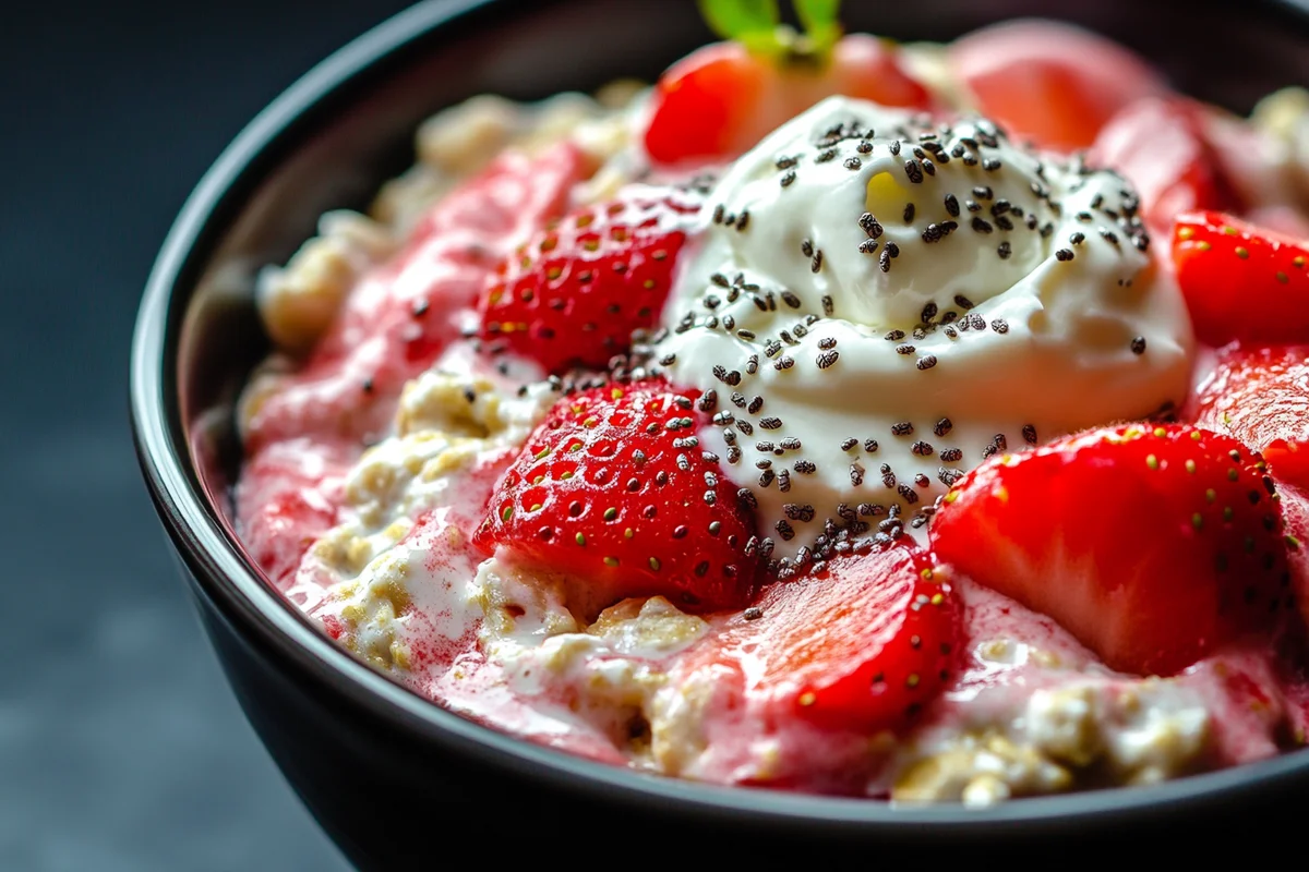 Delicious bowl of strawberries and cream oatmeal, garnished with fresh strawberry slices.