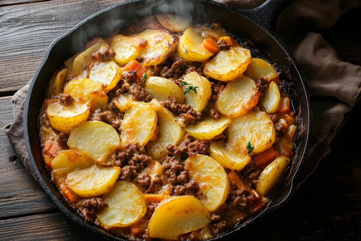 Freshly baked hobo casserole recipe, golden and bubbly.