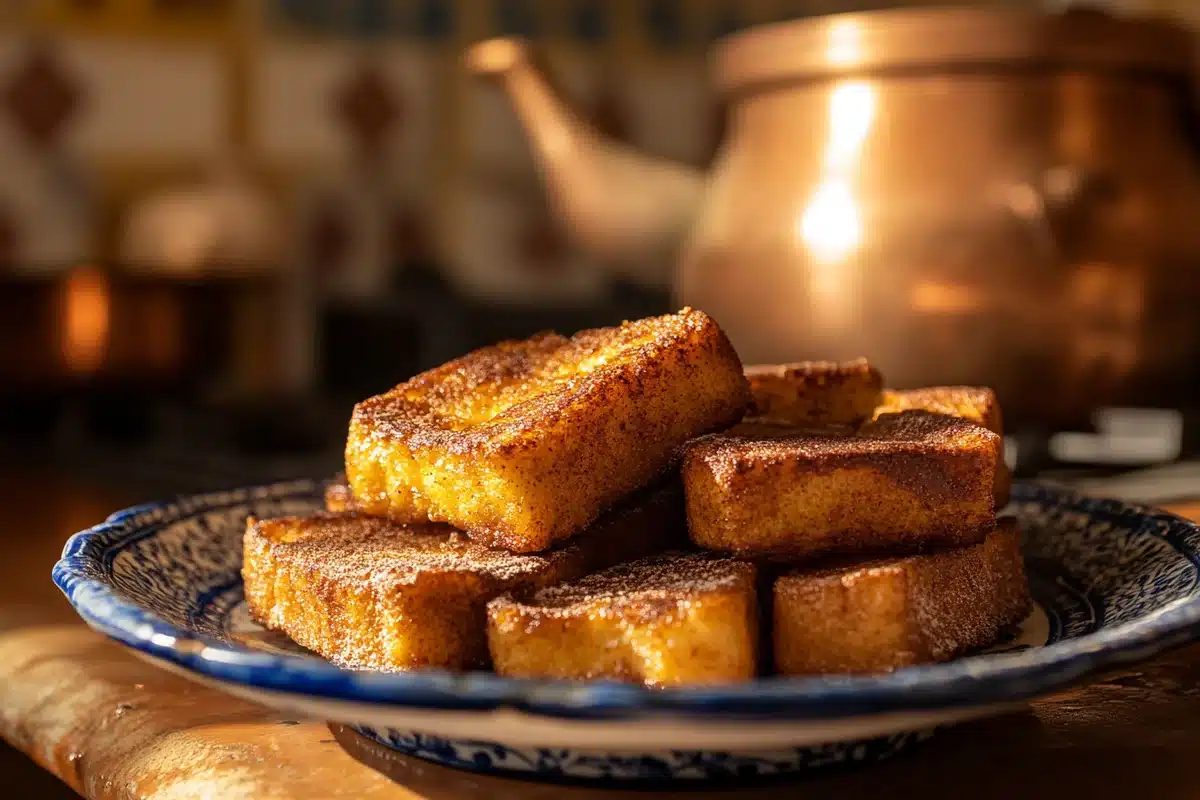 Golden-brown french toast in spanish, served with toppings.