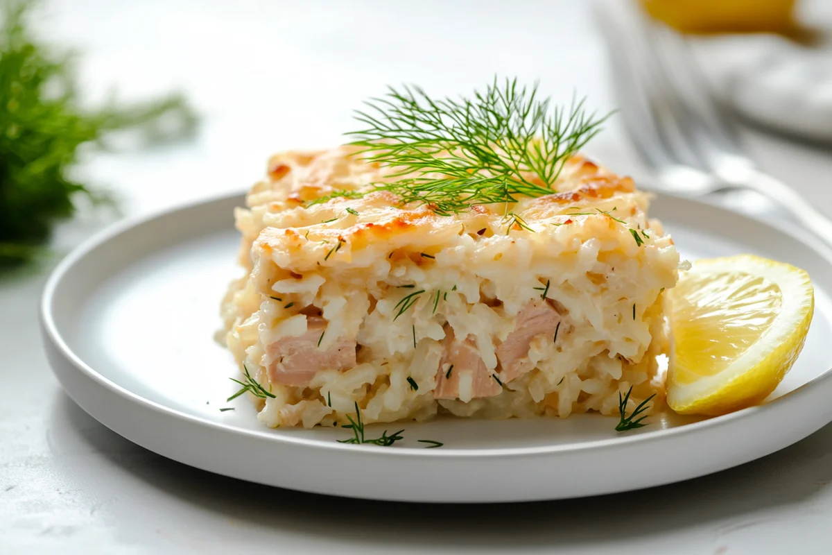 Tuna and rice casserole in a baking dish, golden and bubbly.