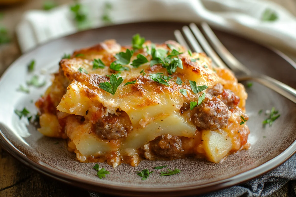 A close-up view of sausage and potato casserole, showing its texture.