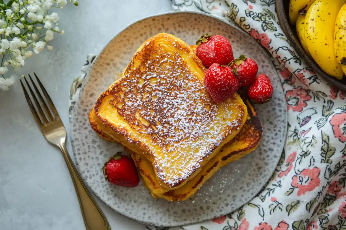 Delicious keto french toast with berries and syrup.