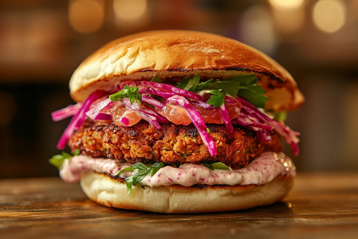 Chickpea Falafel Burger with fresh toppings.