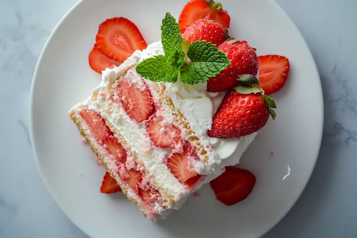 Delicious strawberry whipped cream cake on a plate.