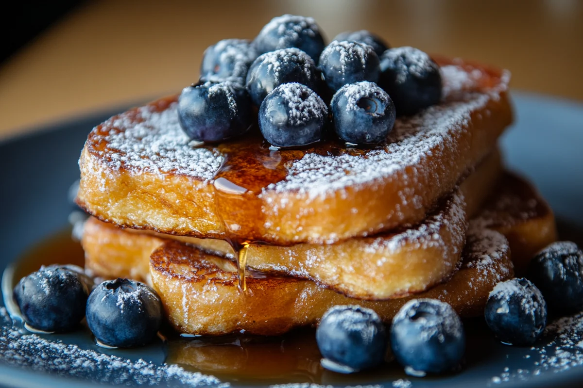 Golden sourdough French toast topped with syrup.