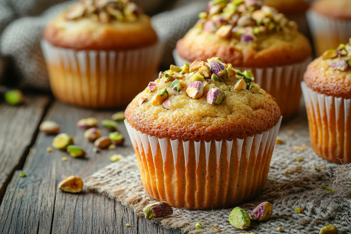 Delicious pistachio muffin recipe, freshly baked and golden brown.