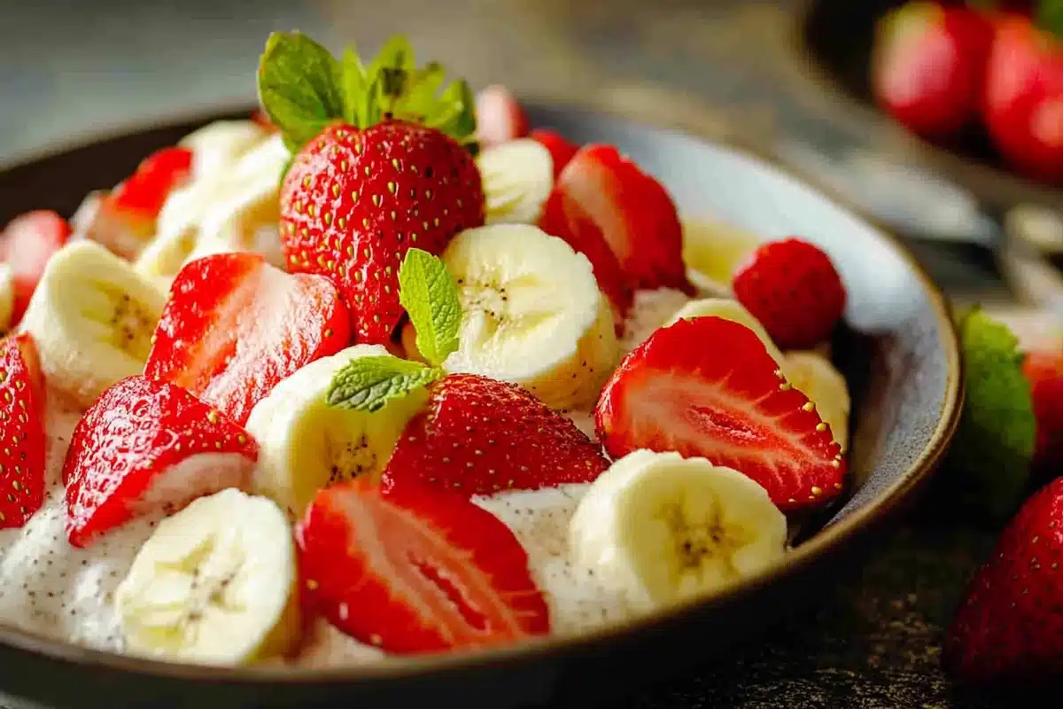 Strawberry banana cheesecake salad ready to serve.