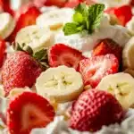 Strawberry banana cheesecake salad ready to serve.