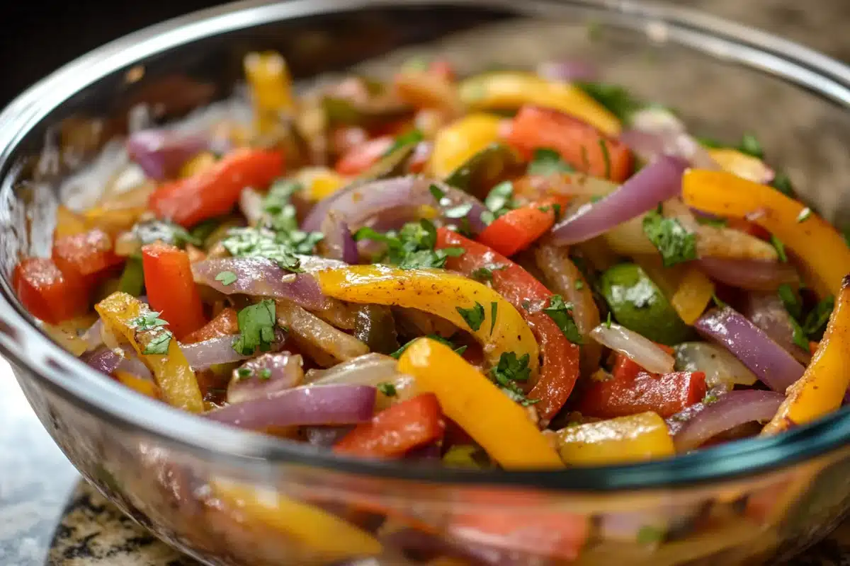 Delicious fajita veggies chipotle in a skillet.