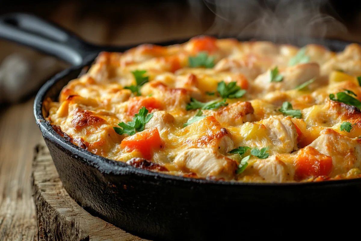 Golden brown, bubbly chicken casserole fresh from the oven.