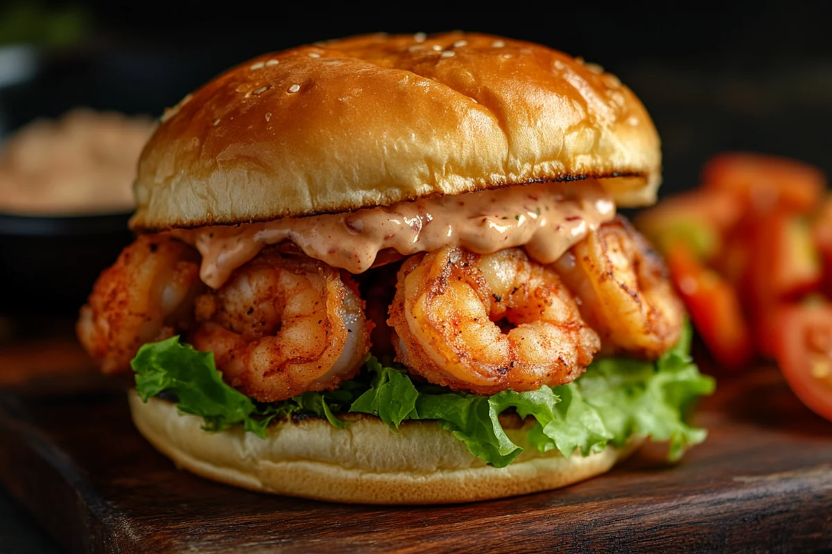 Delicious Shrimp Burger on a sesame bun.